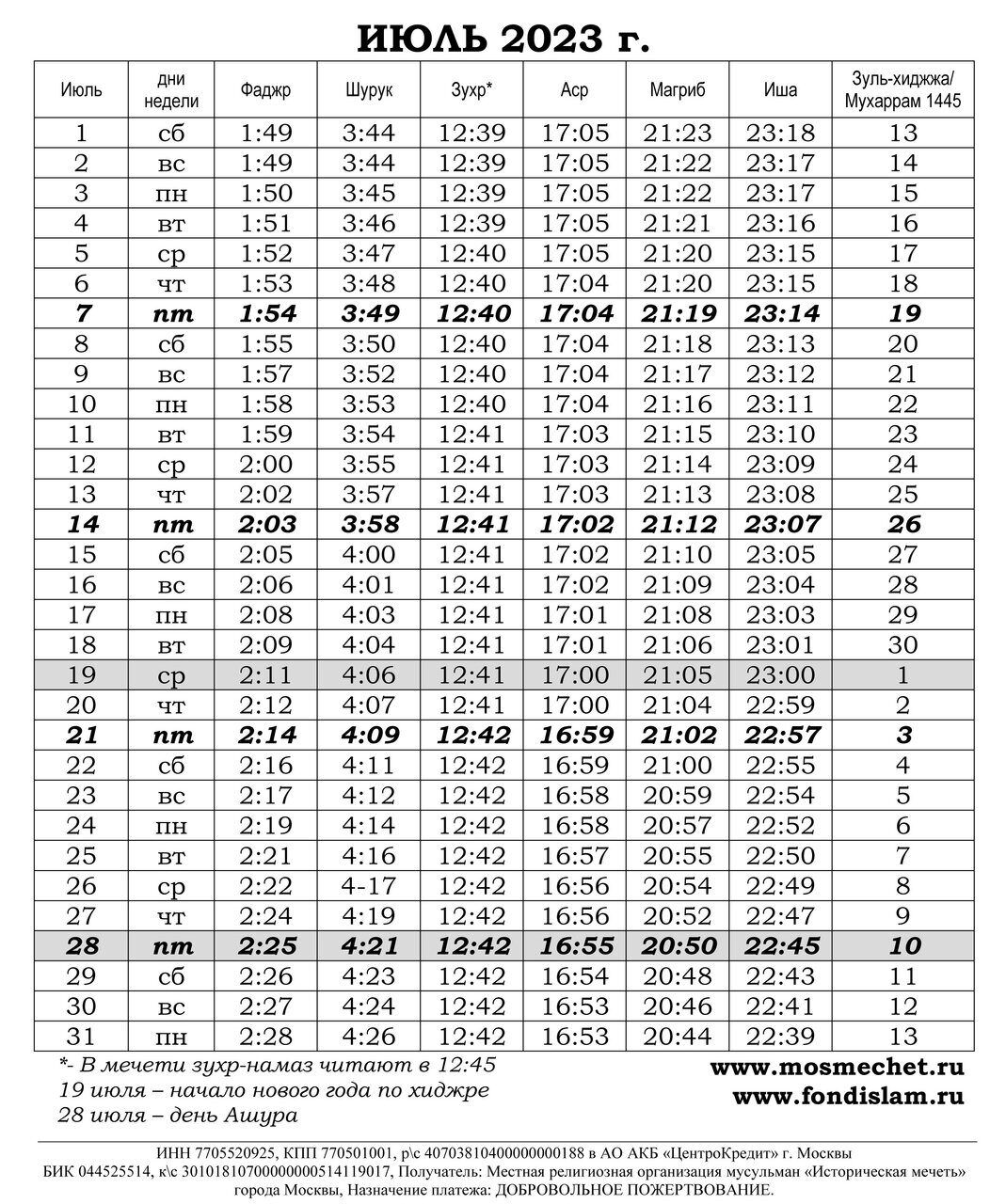 расписание намаза в москве